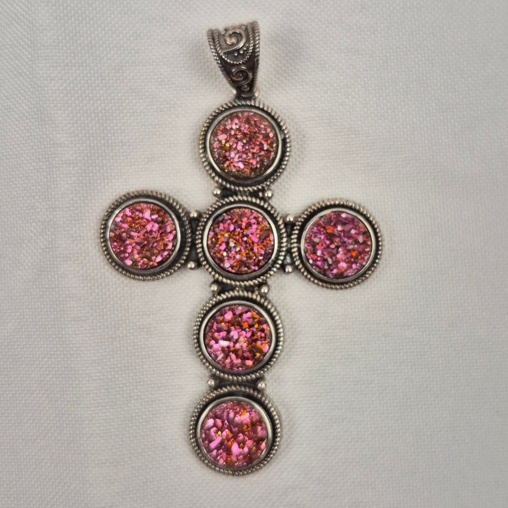 Vtg Pink Druzy‎ Quartz Cross Pendant 2.5" x 1.75" Silver Tone Faith Statement